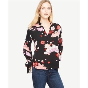 Ann Taylor Floral Blouse Long Sleeve Tie Cuff Black XS